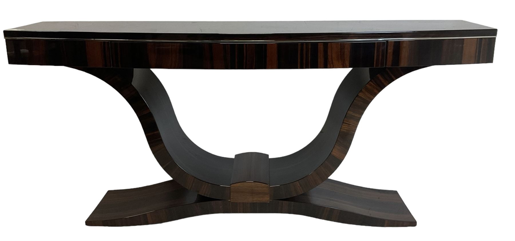 Giorgio Collection - Art Deco design macassar ebony 'Luna' console table, rectangular bow-front top with cross-banding and sun-burst veneer, fitted with single drawer, raised on a curved U-shaped base, retailed by Harrods