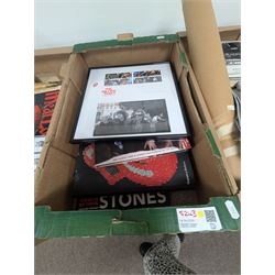 Collection of music memorabilia, including signed Peter Hook memorabilia, Status Quo, Rolling Stones, Neil Diamond, Joy Division tshirts, posters, books, etc