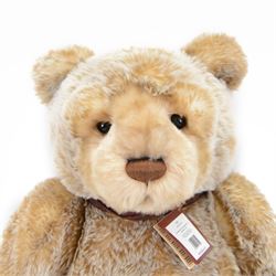 Charlie Bears large plush jointed teddy bear 'Ian', with light brown fur and brown bow, designed by Isabelle Lee, with tags, H87cm 