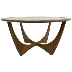 Victor B Wilkins for G-Plan - mid-20th century teak 'Astro' coffee table, circular top with glass inset, raised on shaped X-frame base