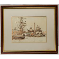 Roger Davies (British 1945-): 'Prince's Dock Hull c.1900' and Boats at Sea, three overpainted prints signed in pencil 23cm x 30cm (3)