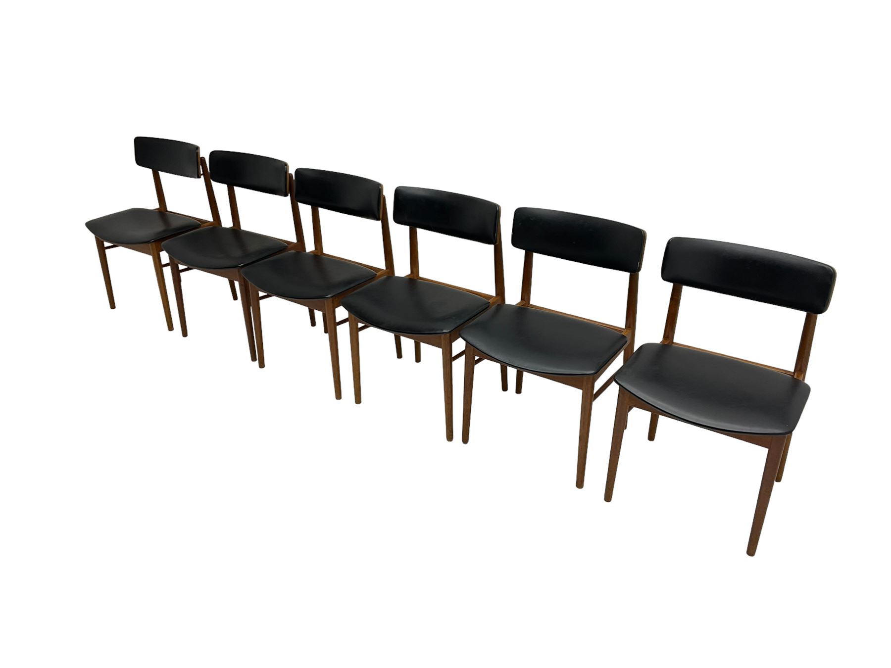 S Chrobat for Sax Mobler - set six mid-20th century Danish teak dining chairs, seat and back rail upholstered in black leatherette, raised on tapering supports