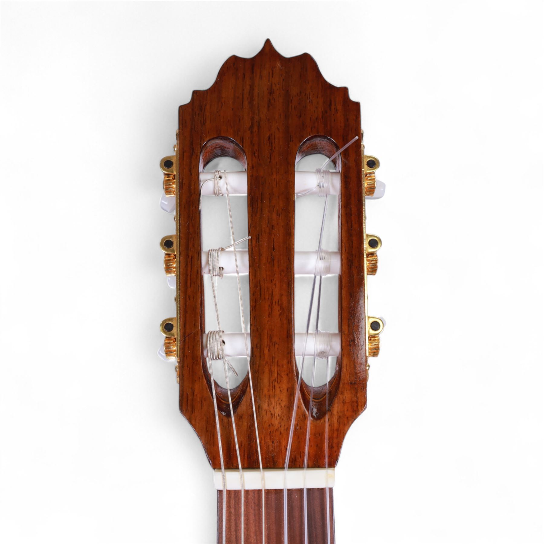 'The Moor Relic' classical guitar, with aged finish and abalone inlay, made by Geoff Hall, stringed instrument maker