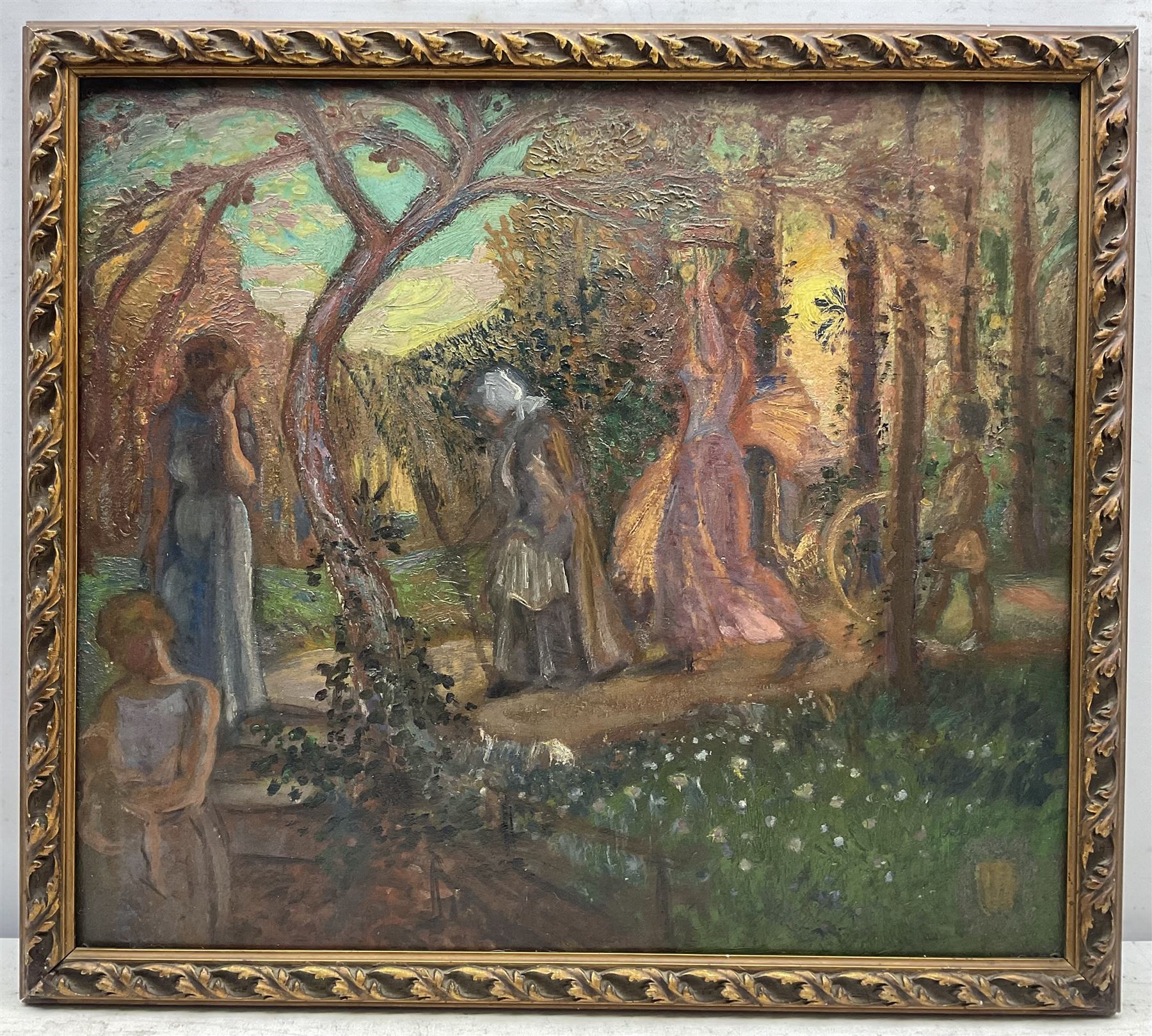 James Joshua Guthrie (Scottish 1874-1952): Figures in the Woods, oil on board unsigned, attributed verso 46cm x 52cm