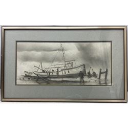 Joseph Hamilton (British 20th Century): Mooring Ships, pair oil pastel sketches indistinctly signed 24cm x 49cm (2)