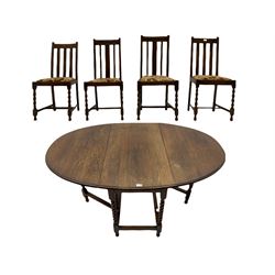 Early 20th century oak barley twist drop leaf dining table (105cm x 154cm, H74cm), and four chairs 