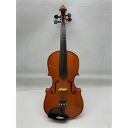 Four student violins - two Chinese three-quarter size with 33.5cm and 34cm two-piece backs; Stringers of Edinburgh quarter size with 28cm two-piece back; and Stentor quarter size with 28cm two-piece back; each in carrying case (4)