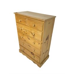 Traditional pine chest, fitted with two short over four long drawers, on plinth base