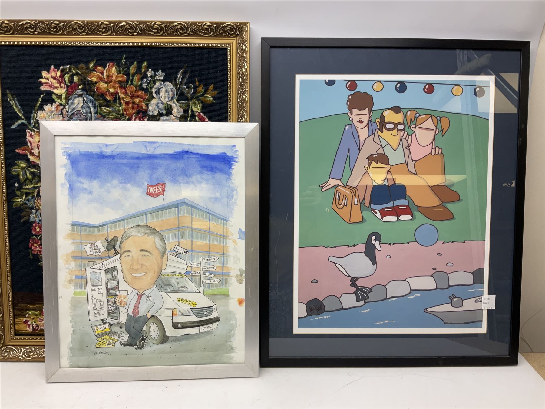 After Pete McKee (British 1966-): Picnic and Going to the Beach, pair colour prints 56cm x 42cm together with cartoon of dogs and five other prints and originals including caricature watercolour of 'Top Tec' (8)