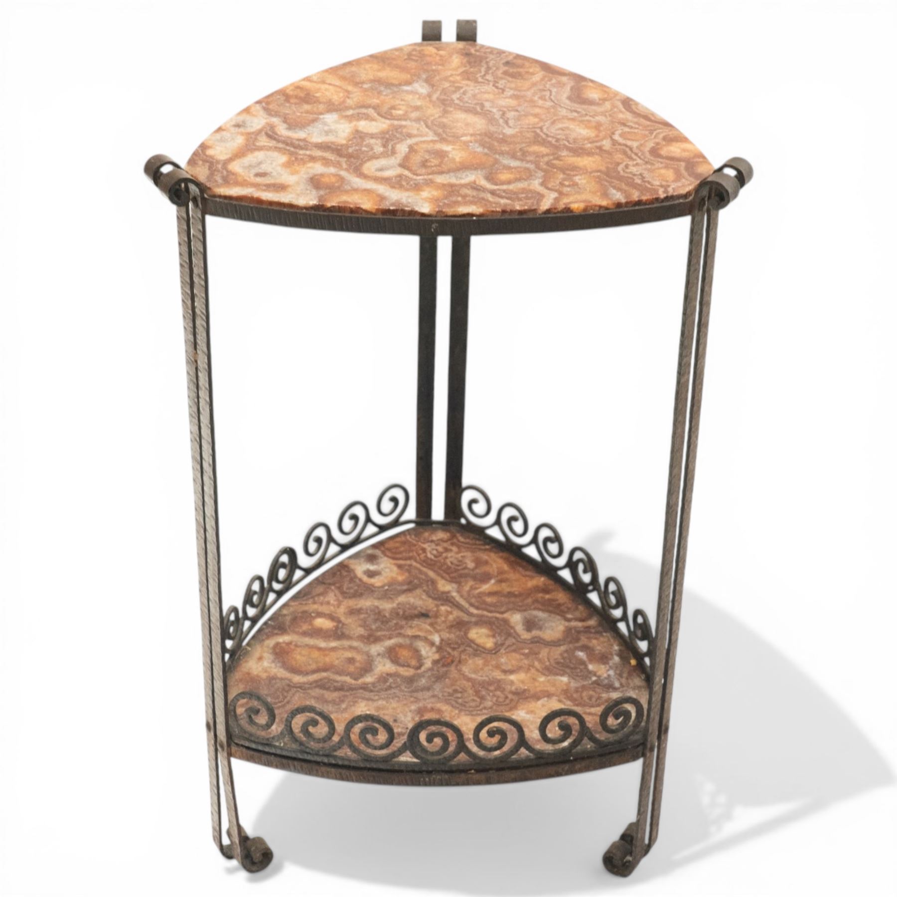 Art Nouveau wrought metal and specimen marble two-tier occasional table, the triangular marble top raised on strap metal uprights with scroll capitals, the under-tier with raised Vitruvian scroll design gallery