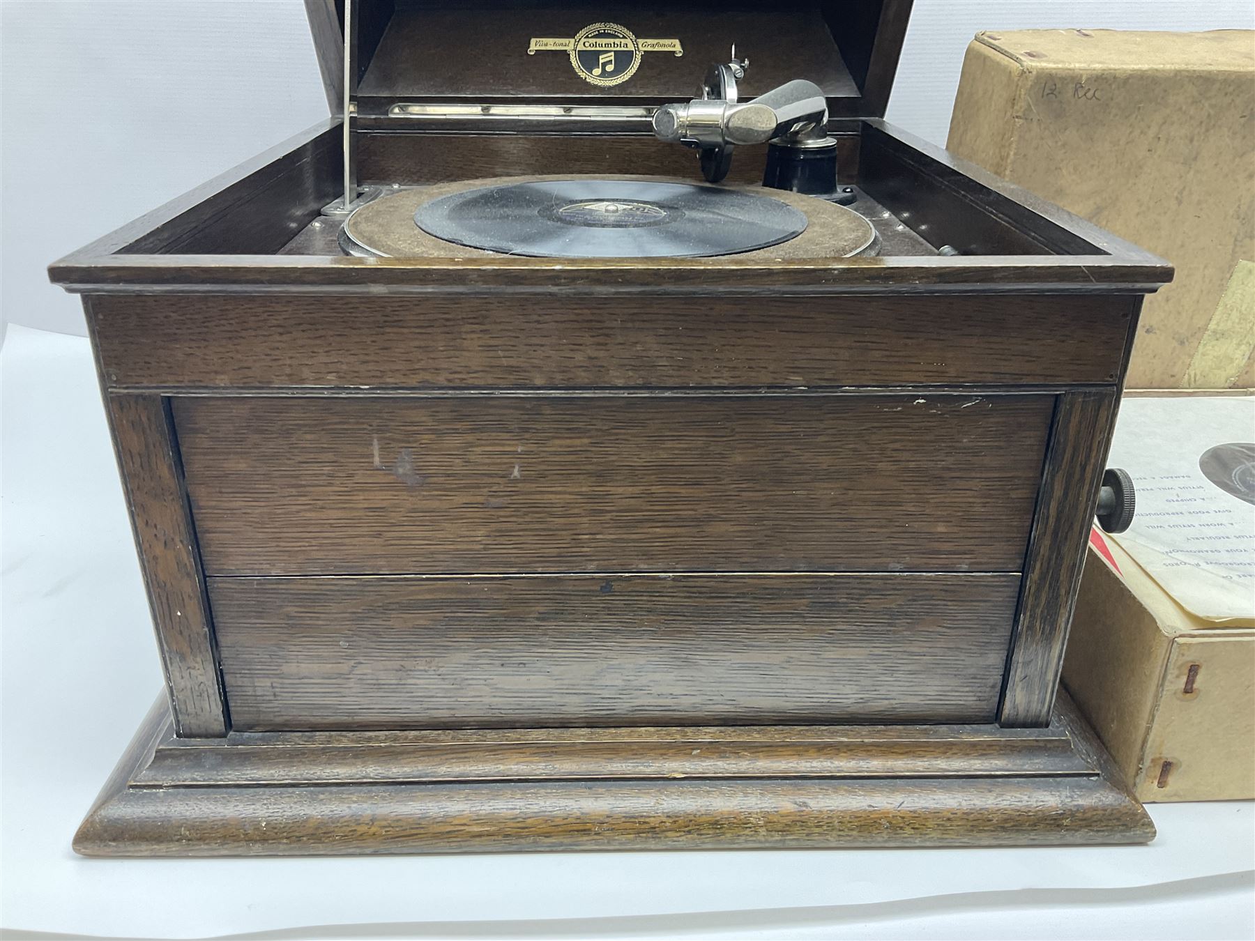 Columbia Grafonola tabletop hornless gramophone, with detachable winding handle, together with a collection of records 