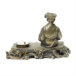 Early 19th century bronze 'go to bed' in the form of a seated Chinese figure on a rococo base W11cm and a plated on copper figure of a swordsman H12cm (2)