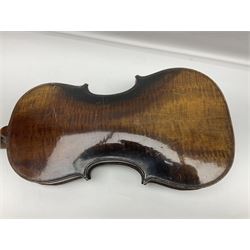 German violin c1890 with 36cm two-piece maple back and ribs and spruce top; bears label 'Antonius Stradivarius Cremona Faciebat Anno 1729' L59.5cm overall; in ebonised wooden 'coffin' case; and two German violins c1890 for completion - one bearing a Stradivarius label, the other a Ruggeri label; both in carrying cases (3)