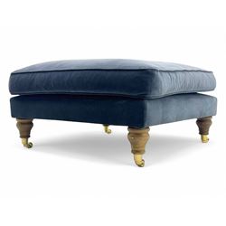 Contemporary square footstool upholstered in navy armour smart velvet, featuring a deep pa...