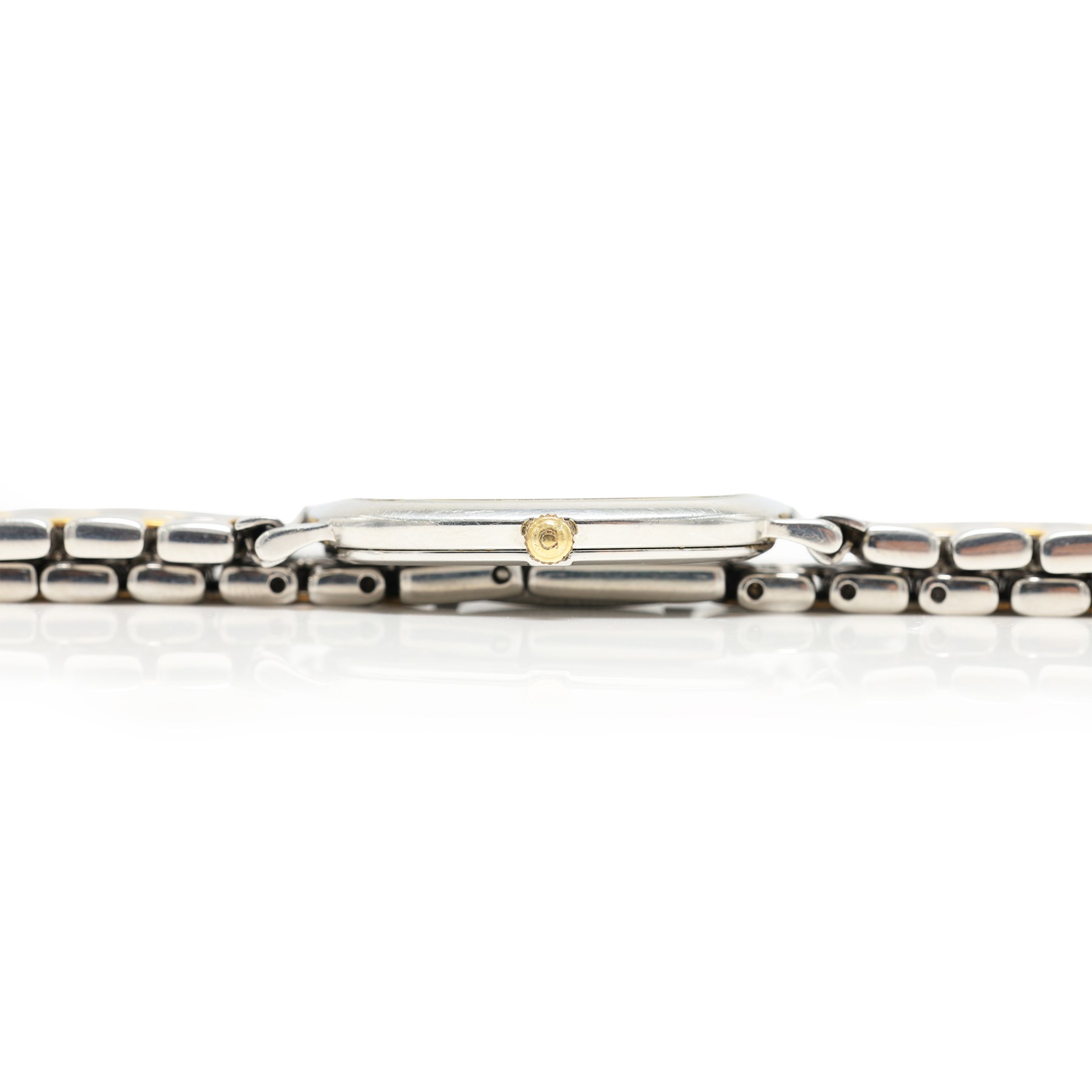 Omega gentleman's stainless steel quartz wristwatch, white dial with Roman numeral hour markers, on stainless steel bracelet and one other gold-plated and stainless steel, Ref. 1378, champagne dial with dot markers