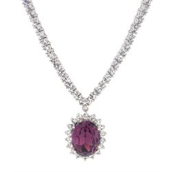 Silver cubic zirconia and purple stone set cluster pendant dress necklace, stamped 925