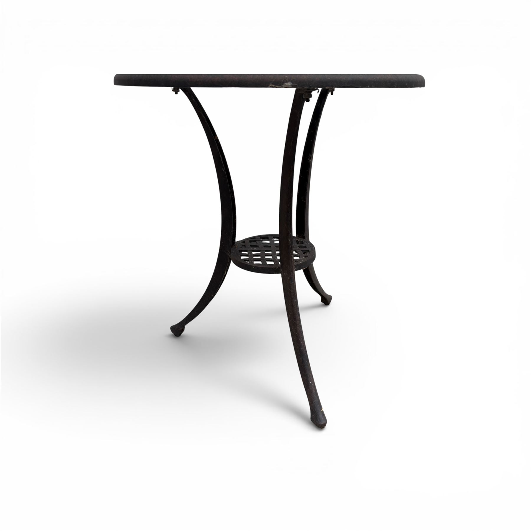 Circular cast aluminium garden table and pair of armchairs chairs with lattice backs in a dark grey finish