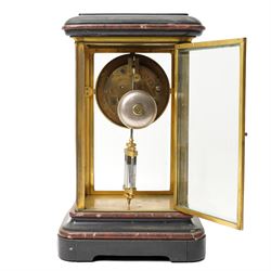 19th century four glass mantel clock with white enamel dial inscribed J W Benson, Old Bond Street, London with bell strike and mercury pendulum in brass and marble case H40cm
