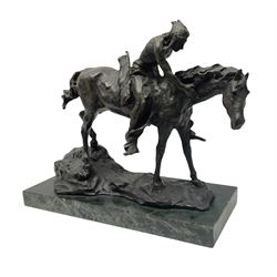 Stylised bronze figure group modelled as a Native American on horseback, upon naturalistically modelled base, indistinctly signed, and rectangular plinth, overall H31.5cm L36.5cm