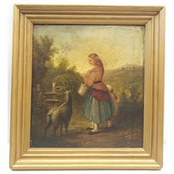 English School (Early 19th century): Milkmaid and Goat by a Stile, oil on canvas unsigned 41cm x 37cm
