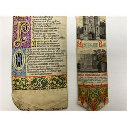 Two mid 19h century Coventry silk bookmarks, the first example manufactured by C Newsome worked with an ode by Alfred Tennyson on the opening of the Exhibition 1862, together with a Yorkshire Fine Art and Industrial Exhibition York 1879, manufactured by Welch & Lenton, largest L32cm W9.5cm