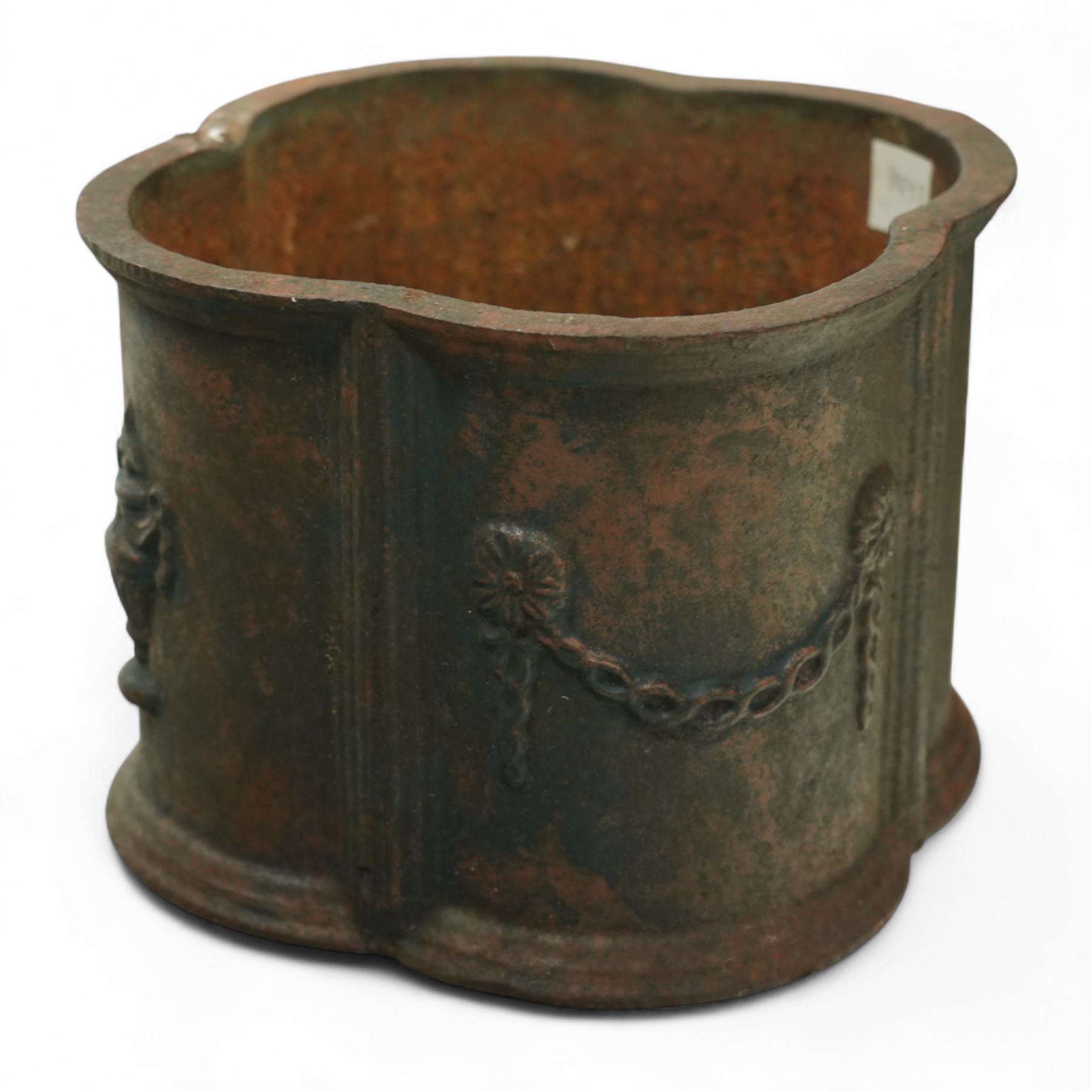 Matched pair of 20th-century cast iron neoclassical style planters, scalloped form with ornamental swag motifs in relief, one planter, probably later, 26cm wide x 22cm high, 29cm wide x 24cm high 