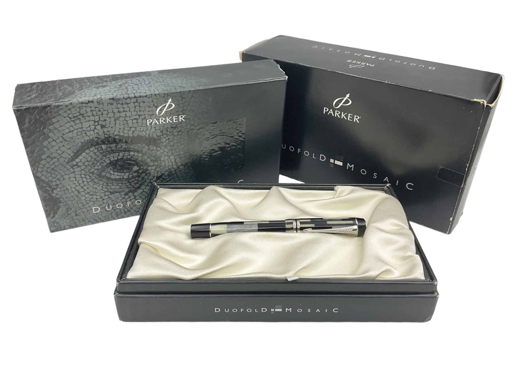 Parker Duofold Mosaic special edition fountain pen, issued in 2002, the black, pearl cream and grey cap barrel and cap with double bands and arrow clip, with gold nib stamped 18K 750, housed in original box and outer card packaging with booklet and wiping cloth