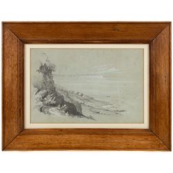 Attrib. James Duffield Harding (British 1798-1863): View of the East Yorkshire Coast, pencil unsigned 18cm x 27.5cm; Continental School (19th/20th century): Girl Underneath Archway, watercolour unsigned 24cm x 16cm and English School (19th/20th century): Horse Riders in a Forest Clearing, oil on board indistinctly signed 14cm x 20cm (3)