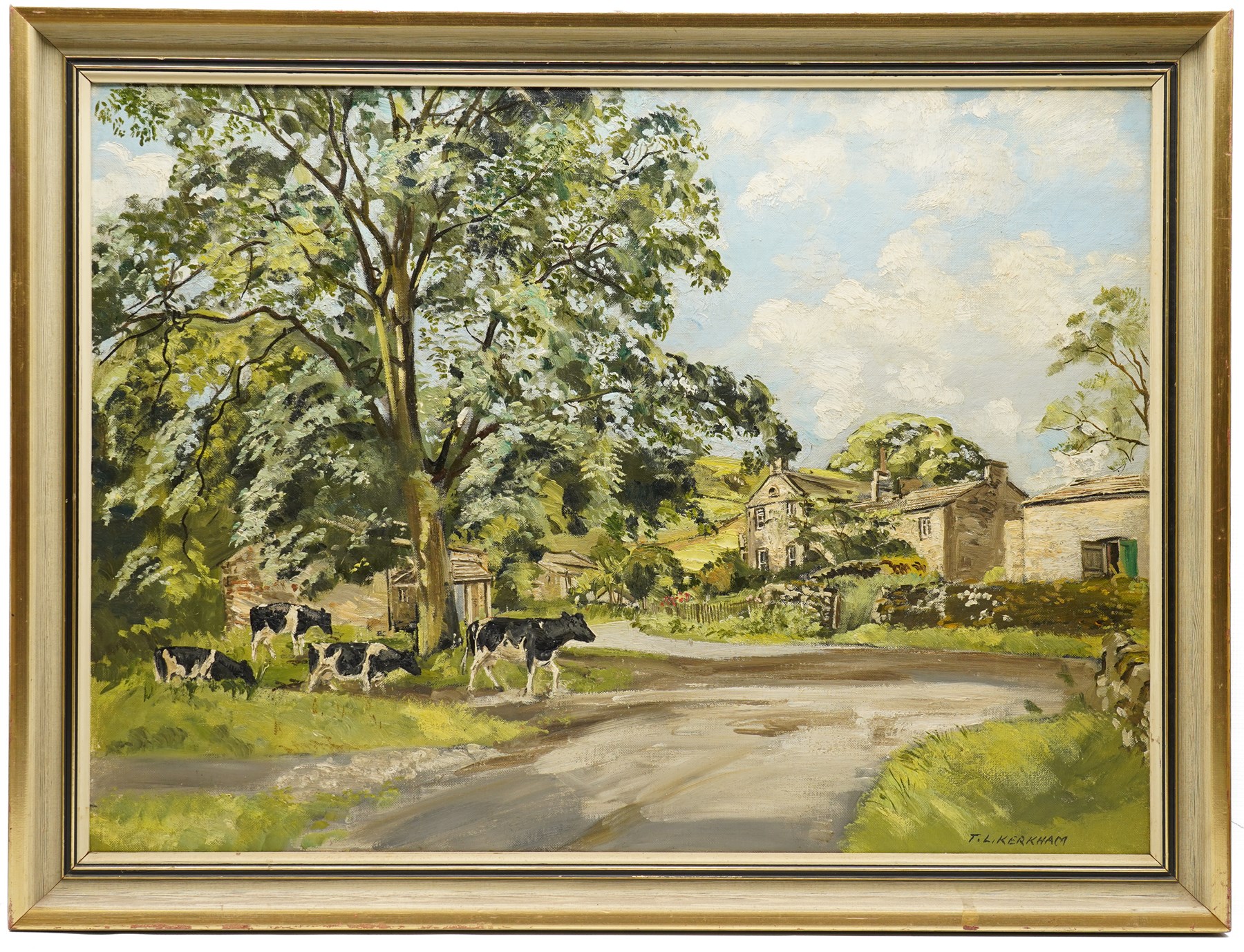 Thomas Leslie Kerkham (Yorkshire 1918-1986): Sheepdog Herding in the Snow and Holstein Friesian Cows Meandering, two oils on canvas board max 54.5cm x 75cm (2)