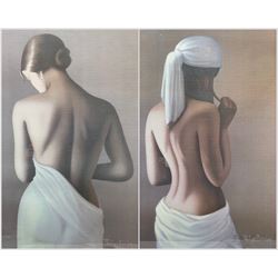 After Philippe Boudoy (Spanish 20th Century): Ladies with Draped Robes, pair of prints 69cm x 49cm (2)