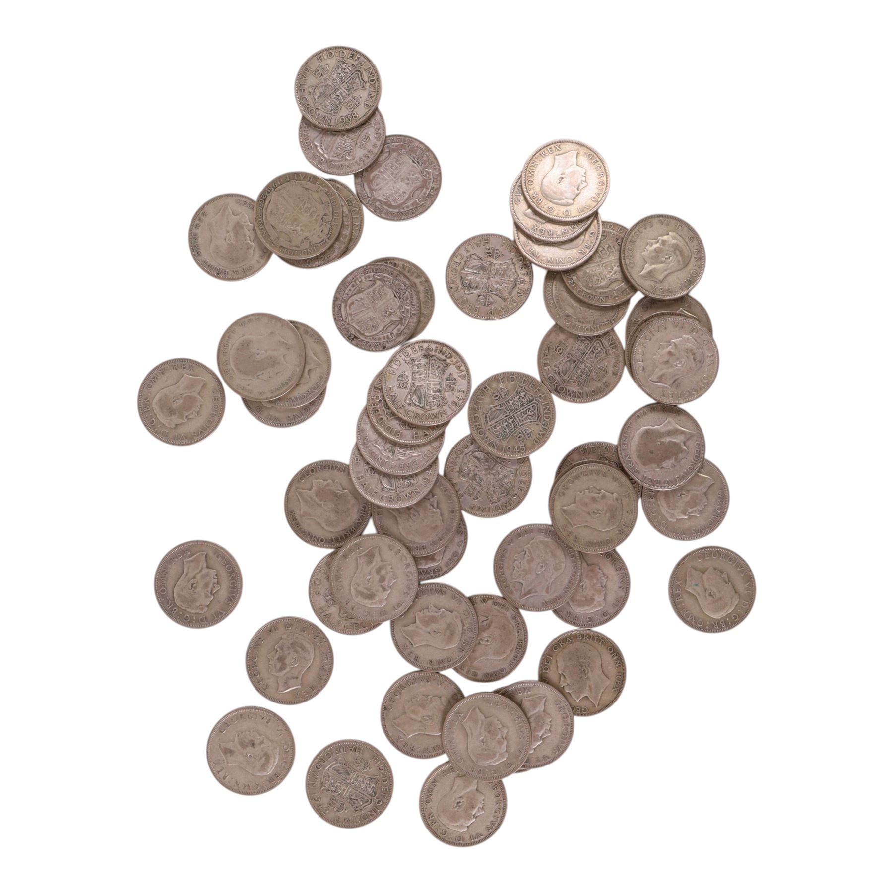 Approximately fifty-six Great British pre-1947 silver half crown coins