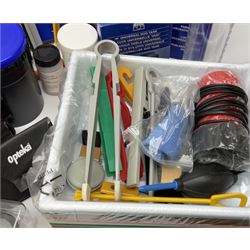 Vintage and later cameras, lenses, accessories and darkroom equipment including Zenit 12XP camera, Praktica BX20 camera fitted with 'Sigma Zoom Master 1:3.5-4.5 f=35-70mm' lens, Praktica LLC camera fitted with 'Carl Zeiss Jena Pancolar 1.8/50' lens, Canon Zoom Lens 'EF 100-300mm 1:5.6', various Jessop and other makers darkroom items including safelight (Red), universal duo tank, multi-mask enlarging easel etc, in three boxes