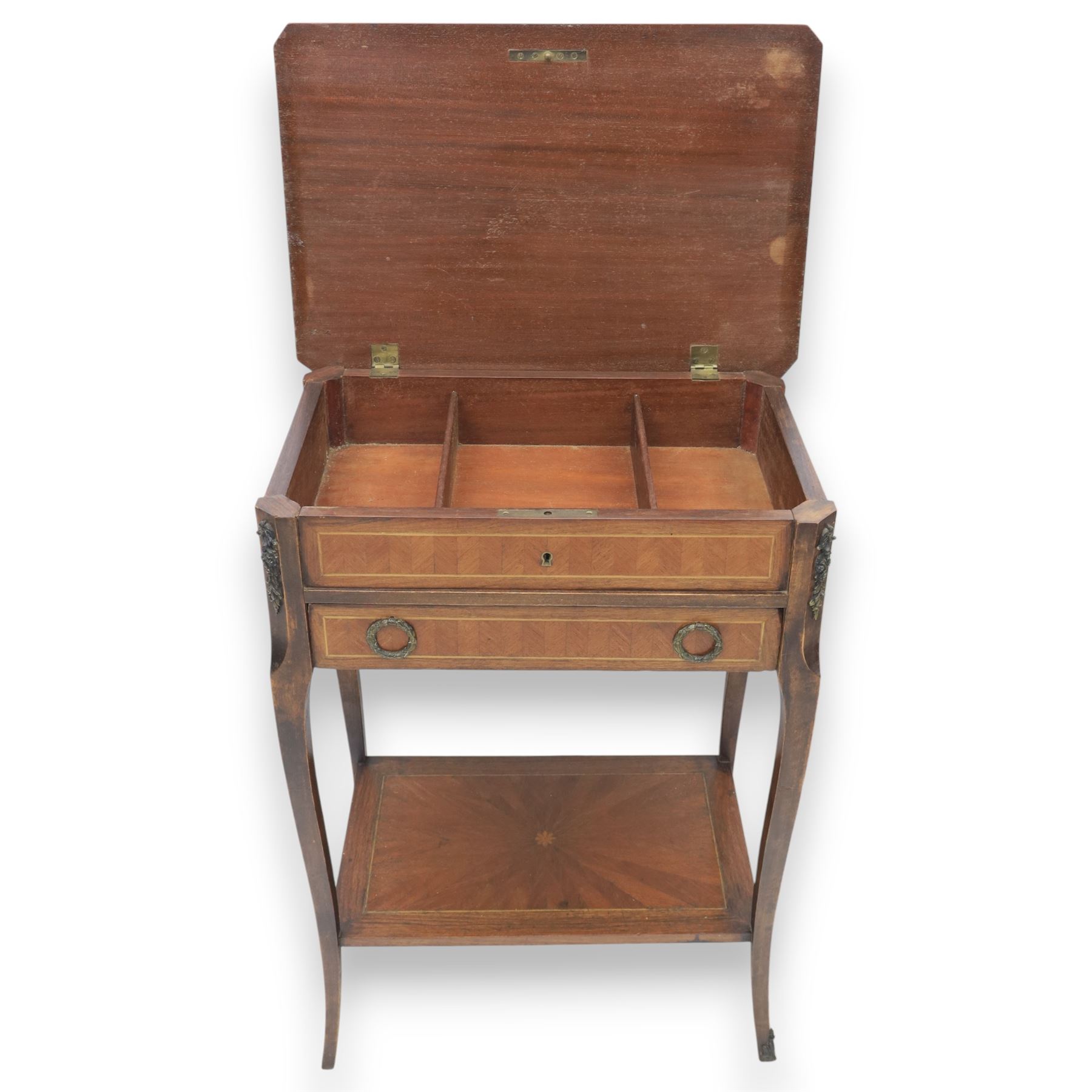 20th century French kingswood inlaid worktable, hinged top with divided compartment, above a single frieze drawer with brass pulls, gilt mounted tapered supports united by and undertier