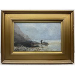 H W Beavan (British Early 20th century): Sailing Boats Moored in Whitby Harbour and Angler on Whitby Shore, pair oils on canvas signed one dated '08, 24cm x 39cm (2)