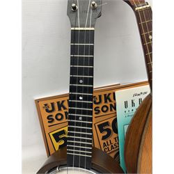 W.D. Keech banjolele pat.219720/23 with etched signature to the back; serial no.A12082 L55cm; and a restored Italian mandolin with segmented lute back; together with three music books