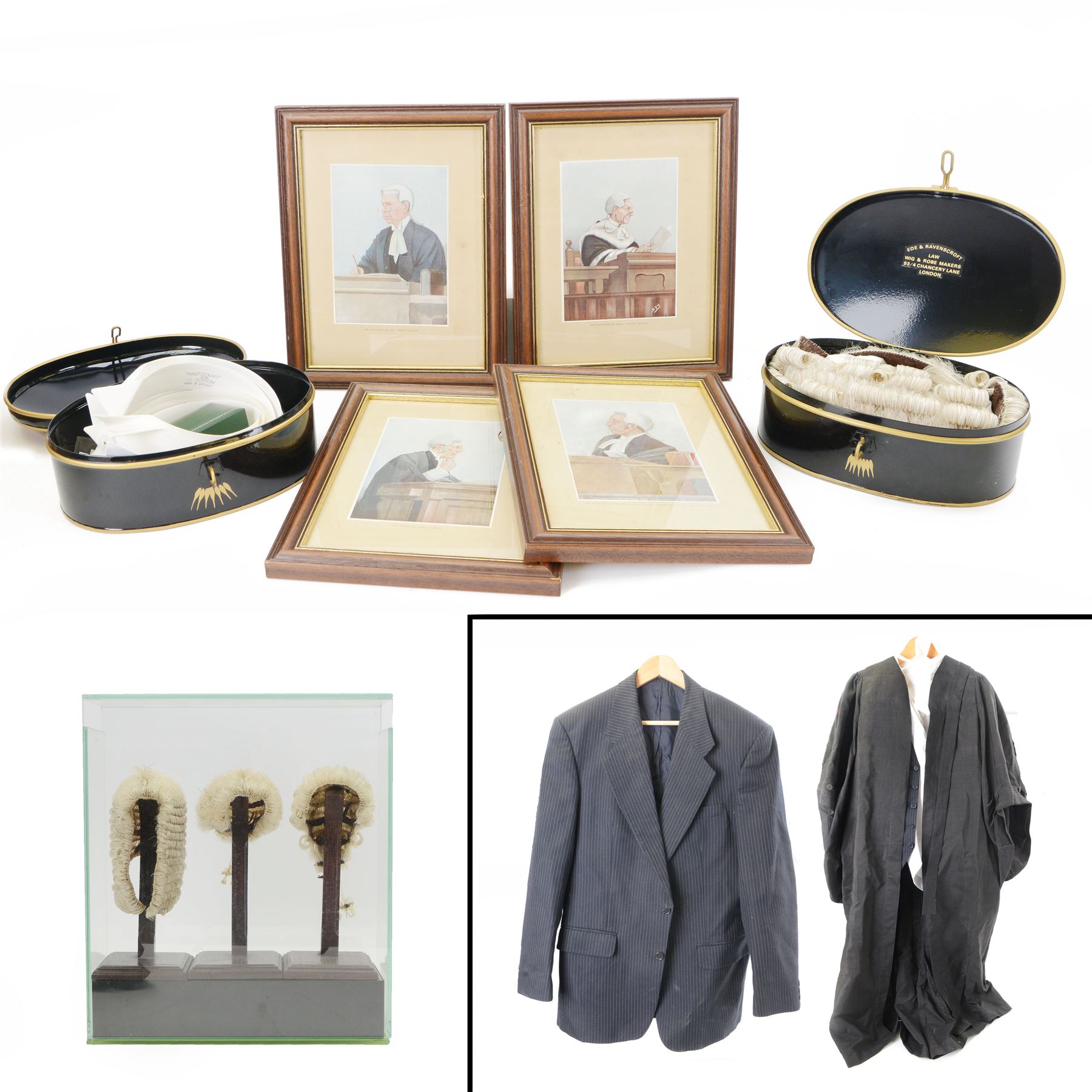 Judge's regalia, including, barrister’s wig in tin monogrammed J.A.W, Ede and Ravenscroft gown, tin of collars, jacket and waistcoat by Daniel Drescott, a glass case containing three miniature legal wigs; barrister’s wig, judge’s full bottom wig and bench wig and four Vanity Fair Spy prints