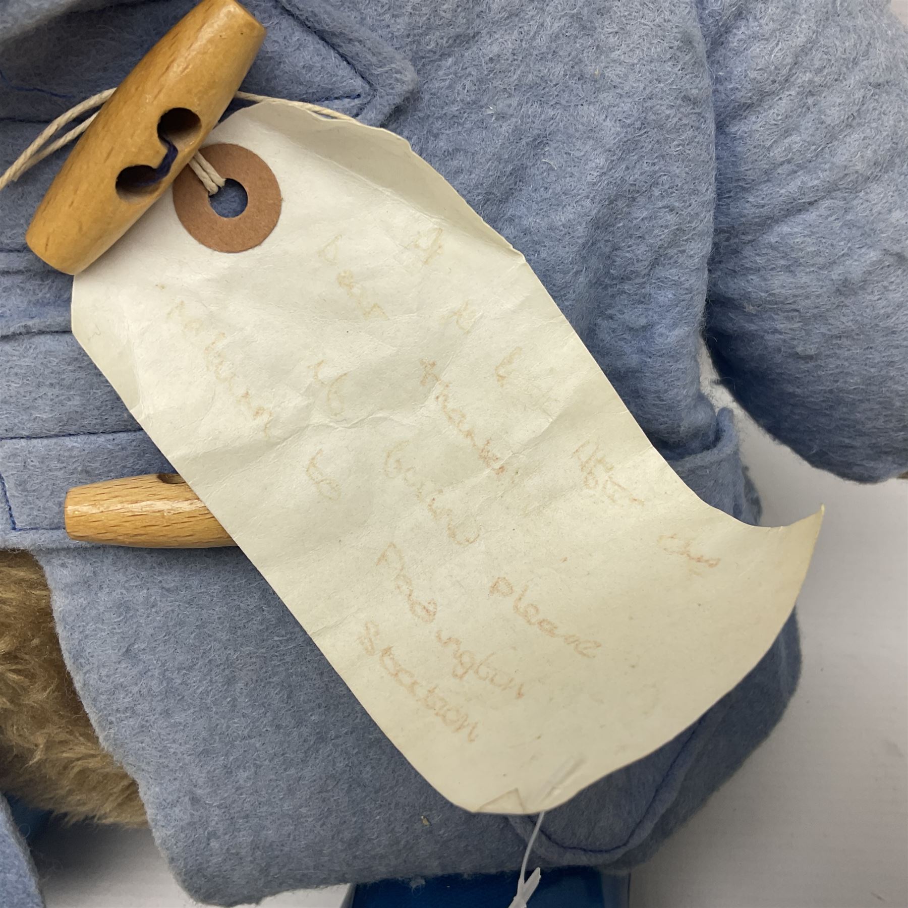 Paddington Bear with plush covered body, brown felt hat, pale blue duffle coat and blue wellingtons H54cm
