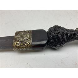 19th century Scottish Dirk, 31cm single edge fullered blade, engraved Clarke, High St, Rochester, dark walnut carved grip with brass mounts decorated with thistles and acorns, 47cm overall