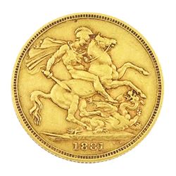 Queen Victoria 1881 gold full sovereign coin, Melbourne mint