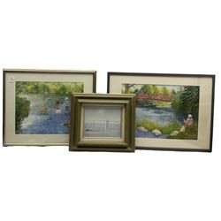 Val McGann (1928-2016): 'Summer Mist', oil on board signed, titled verso; Pam Todd (British Contemorary): Paddling in the River, pair watercolours signed; Sebo?: Dales Landscape, oil on canvas indistinctly signed, a beadwork tapestry, together with a quantity of further prints