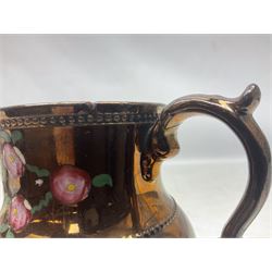 Early 20th century Sunderland lustre jug, decorated with transfer Masonic scene and poem 'The World is in Pain/Our Secrets to Gain/But Still Let Them Wonder and Gaze/The Never Can Divine/The World Nor The Sign/Of a Free and Accepted Mason', the reverse decorated with Sunderland River Wear cast iron bridge scene below text (a/f), together with a copper lustre jug, and pink lustre bowl, jug H20cm