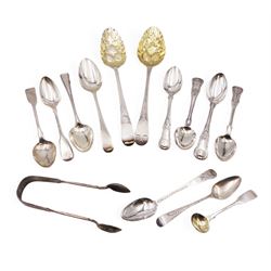 Georgian and later flatware, including two serving spoons, with later struck berry bowls, King's pattern teaspoons, mustard spoons, etc, all hallmarked 