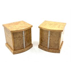 Pair Art Deco style figured maple bow front bedside cabinets, two drawers fitted with polished metal handles, W50cm, H54cm, D49cm