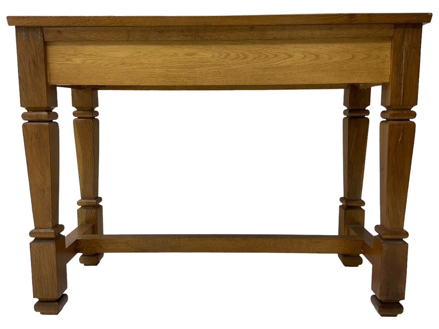 Solid oak console table, rectangular top raised on turned square supports united by stretcher