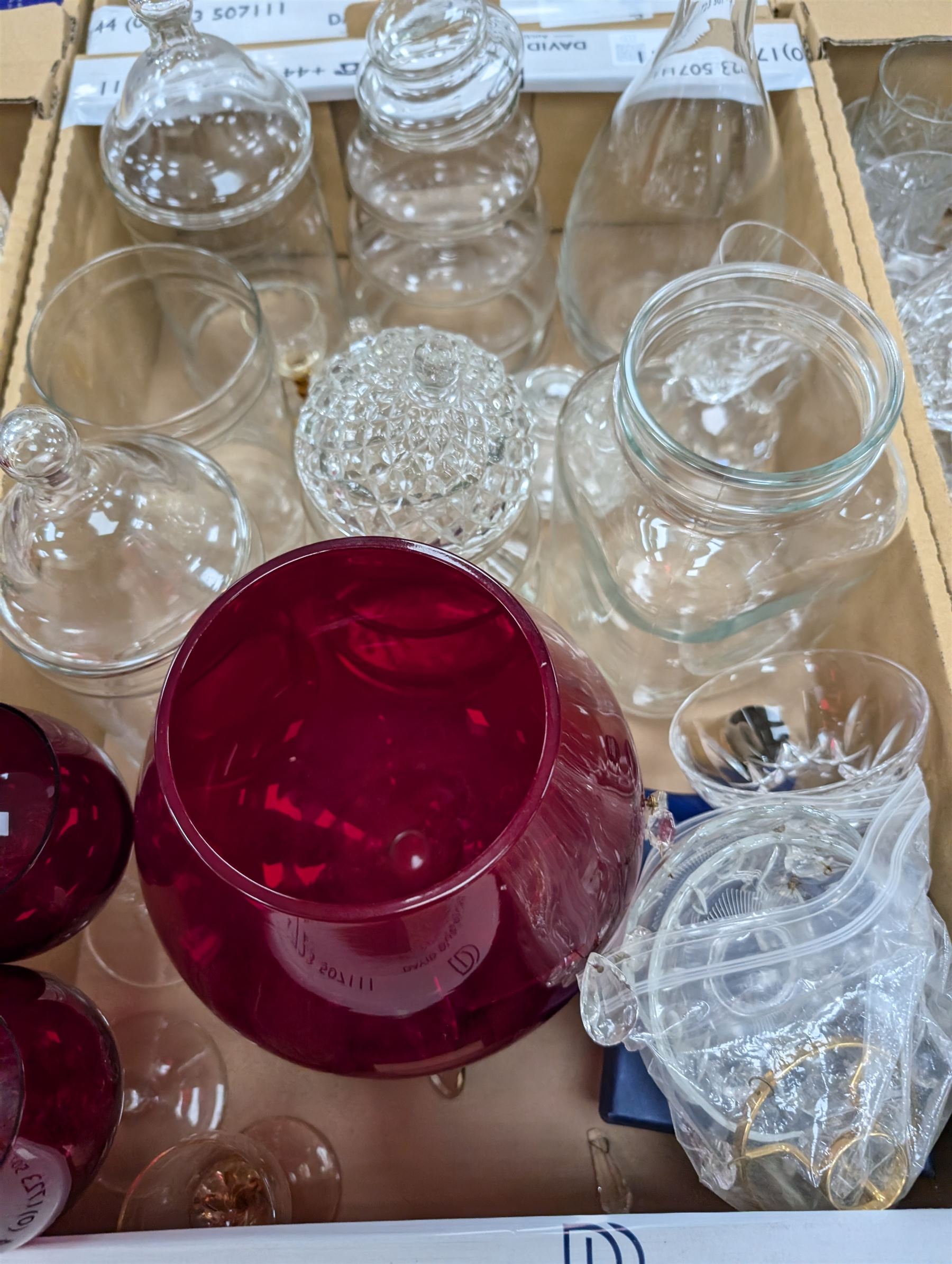 Large collection of glassware, including two ship decanters, Edinburgh crystal, Royal Doulton, red glass, etc in six boxes 
