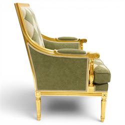 Meritalia - French Empire design gilt framed armchair, the high back over scrolled arm terminals, reeded bottom rail over fluted tapering supports, upholstered in sage green and cream lozenge patterned suede fabric with loose seat cushion
Notes: By vendor's repute originally commissioned in the 1990s by Prince Jefri Bolkiah and the Brunei royal family for use in guest suites.