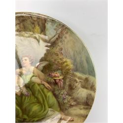 Late 19th century porcelain plate, hand painted by Frederick Sutton, depicting a female figure and putto within a wooded landscape, with recumbent sheep and brook to the fore, signed F N Sutton, unmarked verso, D22.5cm

Frederick Sutton was employed as a painter at the notable factories of Royal Worcester, Coalport, and Minton. 