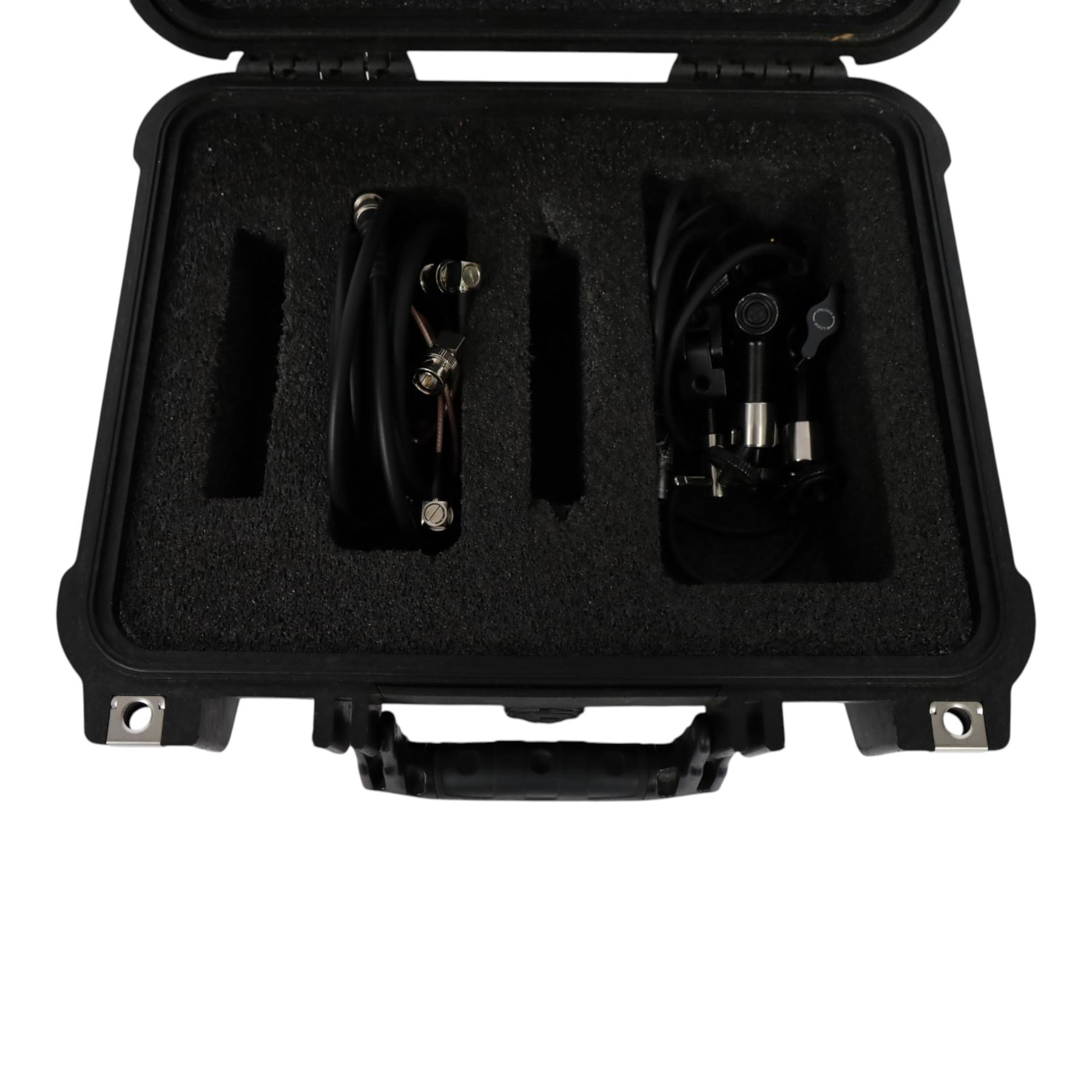 Paralinx Ace wireless transmitter and receiver set, with two SmallRig magic arms, associated cables including four D-tap to two-pin lemo cables, two short and one long SDI cables and SmallRig clamp, contained within Peli 1400 case