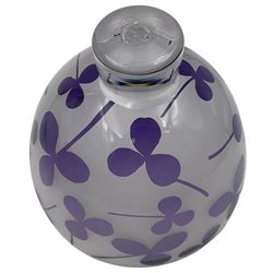 Gillies Jones of Rosedale glass bowl decorated with purple clovers,  upon a short clear tapering foot, signed to base, H16cm D18.5cm