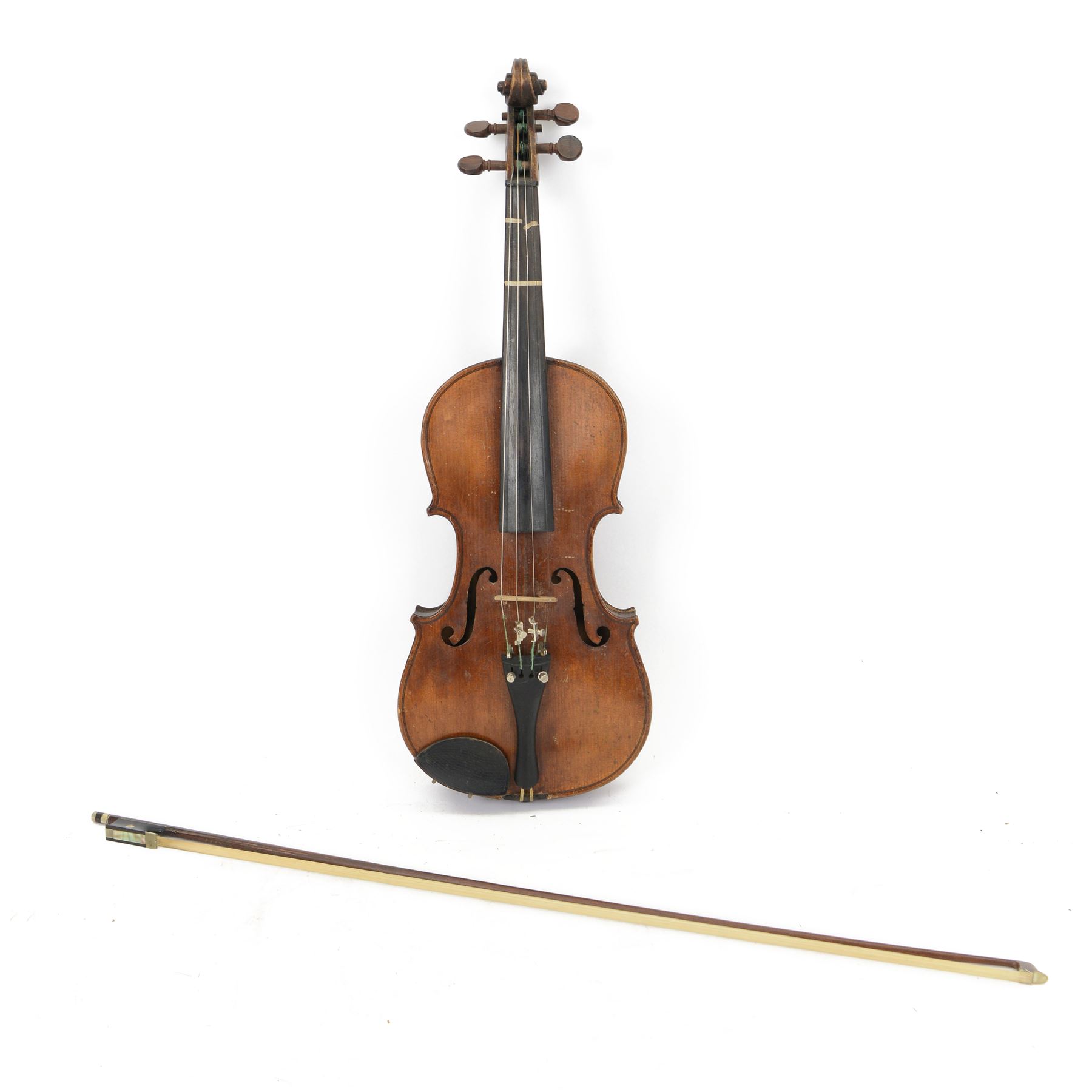 19th century full size violin in a hard case with bow. Length 60cm, scroll with ebonised pegs and fingerboard, with tailpiece and bridge.